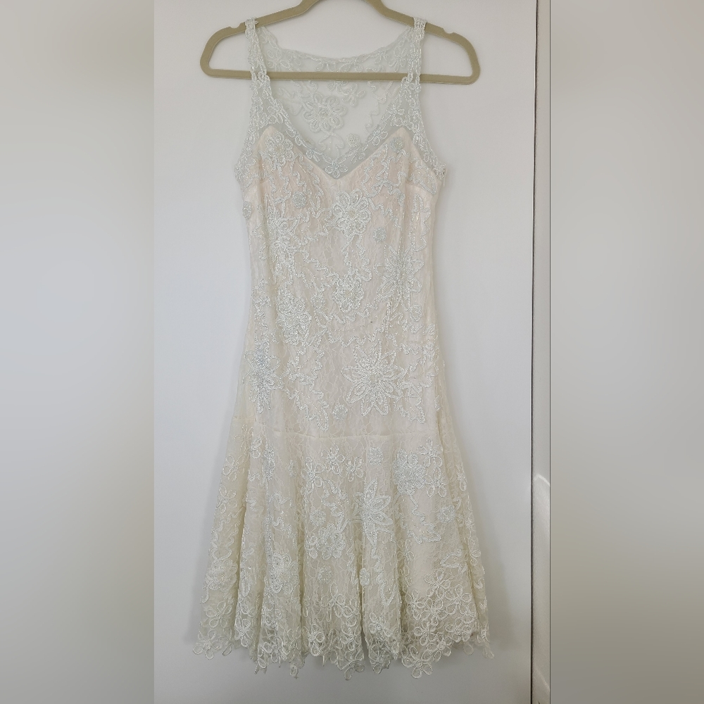 Sue Wong Ivory Floral Lace Midi Dress